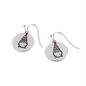 Holiday Christmas Silver Dangle Disc Gnome Earrings